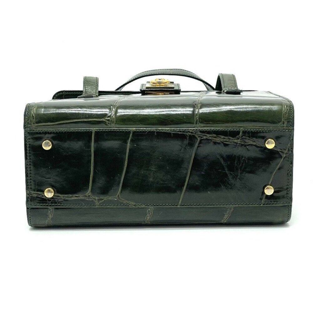 AUTHENTIC CELINE Croco embossed vintage Vanity box type Hand Bag Leather Green - Picture 6 of 8